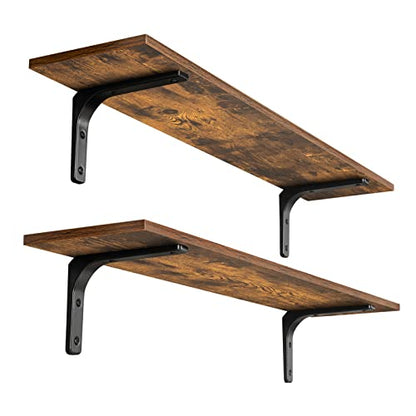 Long Wall Shelves, 39.4Inch Wooden Wall Mounted Shelves, Set of 2 | Large Floating Book Shelf, Metal Brackets, Easy Assembly, Max Load 33lbs, Wall Storage Ledges, Bedroom/Bathroom, Rustic Brown - color: Rustic Brown, size: 39.4 Inch