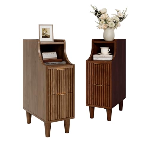 Fluted Nightstands Set of 2,Narrow Bedside Table with 2 Drawers & Storage, Farmhouse Walnut End Table Modern Side Table for Bedroom Livingroom Sofa Office - color: Walnut,7.9" With 2 Drawers