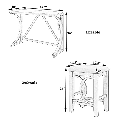 3 Piece Counter Height Dining Table Set with 2 Stools, 47.2 Inch Breakfast Nook Table for Small Spaces, Solid Wood Frame, Farmhouse Apartment Kitchen Set,White - color: White