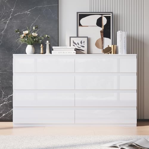 White 8 Drawer Dresser for Bedroom Wooden Closet Storage | Wood Dresser, Modern High Gloss, Handle-Free, for Entryway, Living Room, TV Stand - size: 15.4"D x 55.1"W x 33.9"H (8 Drawers)