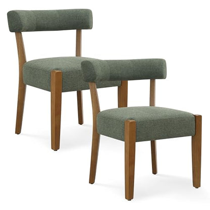 RNKSFX Upholstered Green Dining Chairs Set of 2, Walnut Wooden Kitchen & Dining Room Chairs, Mid Century Modern Fabric Farmhouse Dining Chairs Oversized Sturdy Rounded Chairs Curved Back - color: Green
