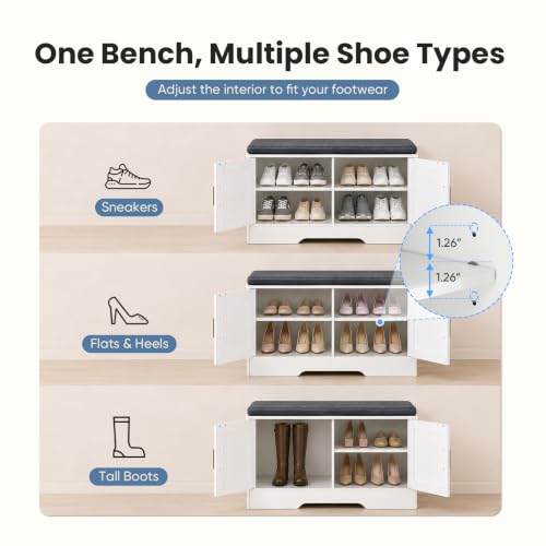 DUMOS 28" Shoe Storage Bench, Entryway Shoe Organizer Cabinet with Padded Seat Cushion, Adjustable Shelf and 2 Doors, Compact Storage Bench for Small Spaces, Hallway, Bedroom, Living Room, White - size: 28 inches