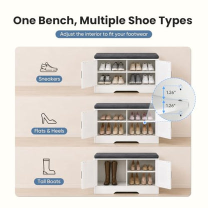DUMOS 28" Shoe Storage Bench, Entryway Shoe Organizer Cabinet with Padded Seat Cushion, Adjustable Shelf and 2 Doors, Compact Storage Bench for Small Spaces, Hallway, Bedroom, Living Room, White - size: 28 inches