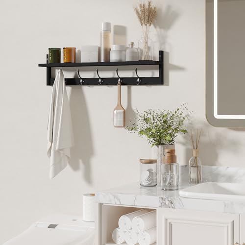 BAMEOS Wall-Mounted Shelf with Hooks - 28.9 Inch Entryway Hanging Shelf with 5 Dual Hooks for Bathroom, Living Room, Bedroom (Black) - style: Black-28.9IN with shelf