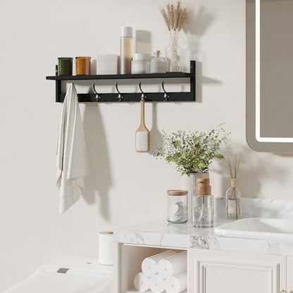BAMEOS Wall-Mounted Shelf with Hooks - 28.9 Inch Entryway Hanging Shelf with 5 Dual Hooks for Bathroom, Living Room, Bedroom (Black) - style: Black-28.9IN with shelf