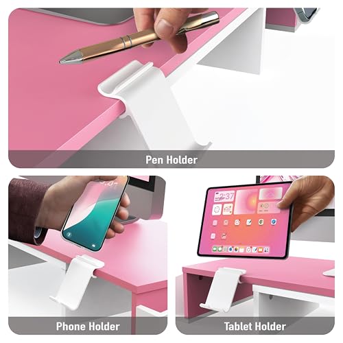 Simple Houseware Desk Dual Monitor Stand Riser with Drawer, Pink | Customizable Organizer Tray, Built-In Phone & Tablet Slot and Side Storage - color: Pink