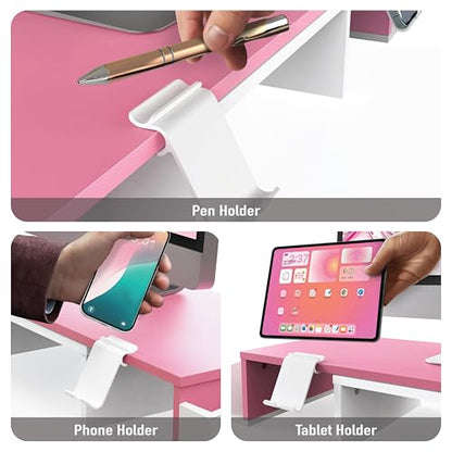 Simple Houseware Desk Dual Monitor Stand Riser with Drawer, Pink | Customizable Organizer Tray, Built-In Phone & Tablet Slot and Side Storage - color: Pink