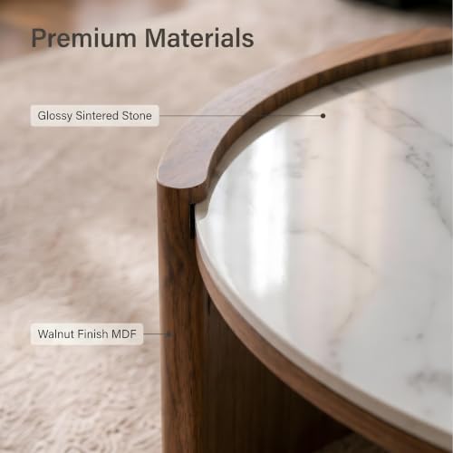 KEIKI 31.5" Round Sintered Stone Coffee Table, Glossy White Marble Look Center Table with Thick Slab Legs, Modern Circular Cocktail Table for Living Room, Apartment, Walnut White Marble - color: Walnut White Marble