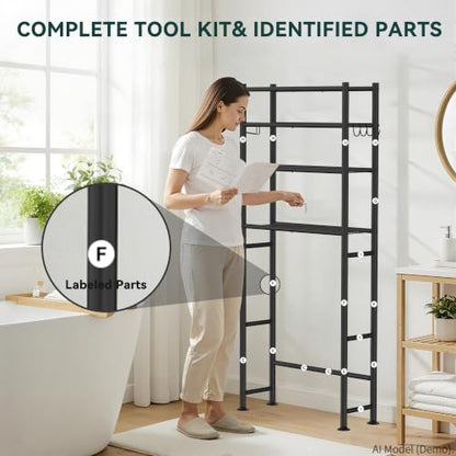 GloTika 4-Tier Over The Toilet Storage Shelves, Black | 200lb Total Capacity, Metal Bathroom Organizer with 36" Clearance, Includes Paper Holder & 4 Hooks, Suit for Small Space - color: Black