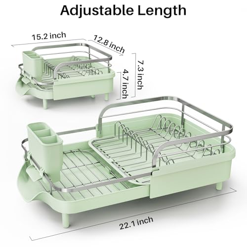 SNTD Expandable Dish Drying Rack for Kitchen Counter, 15.2-22.1 in, Green | Rust-Resistant Stainless Steel, Protective Side Rails, Self-Draining Drainboard, Removable Utensil Holder - color: Green