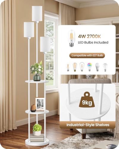 Floor Lamp with Shelves, Modern Floor Lamp with 3 Linen Shades and Foot Switch, 3-Light Standing Lamp, for Living Room, Bedroom, Study, Office, White W53LD05 - color: White