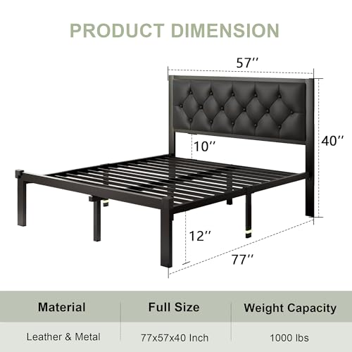 Feonase Full Size Metal Bed Frame with Faux Leather Button Tufted Headboard, Heavy-Duty Platform Bed Frame with 12" Storage, Steel Slats Support, No Box Spring Needed, Noise Free, Matte Black - color: Matte Black, size: Full