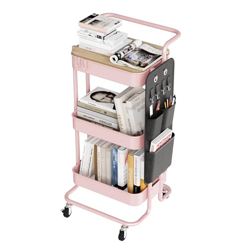 DTK 3-Tier Rolling Cart with Table Top, Metal Utility Cart with Side Bags | Tray Storage Organizer, Lockable Wheels, 4 Hooks, Art Cart for Kitchen, Bathroom, Office, Craft room, Living room, Pink - color: Pink, size: Large