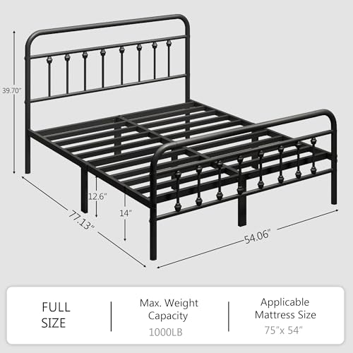 zunatu Full Size Metal Bed Frame with Victorian Style Headboard and Footboard, Steel Slat Support Platform Bed, No Box Spring Needed, Under Bed Storage, Easy Assembly, Black - size: Full