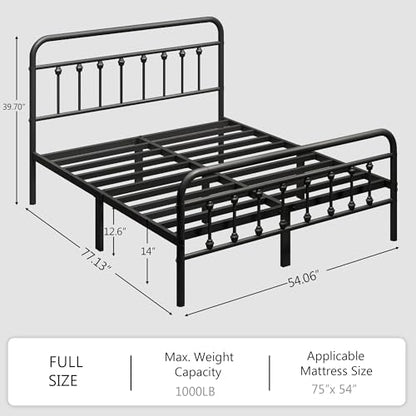 zunatu Full Size Metal Bed Frame with Victorian Style Headboard and Footboard, Steel Slat Support Platform Bed, No Box Spring Needed, Under Bed Storage, Easy Assembly, Black - size: Full
