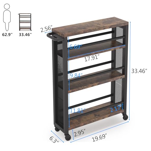 Tribesigns Slim Storage Cart,Narrow Rolling Carts with Wheels,Utility Cart for Small Spaces,4-Tier Metal Frame Trolley Cart with Handle for Kitchen,Laundry, Living Room