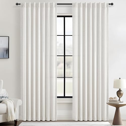 Beige White Unique Linen Sheer Curtains 86 Inches Long 2 Panels, Modern Curtain Light Filtering Privacy Ceiling Track Pleated Living Room Drapes Length Coastal Window Aesthetic Decor W52xL86,Tiebacks - color: Beigewhite, size: 52"W x 86"L (Pack of 2)