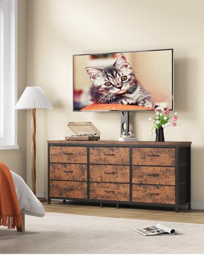 TV Stand with Mount for 32/55/65/75/85 inch TVs, Entertainment Center with 9 Fabric Drawers Dresser Storage, Height Adjustable Media Console - color: Rustic Brown
