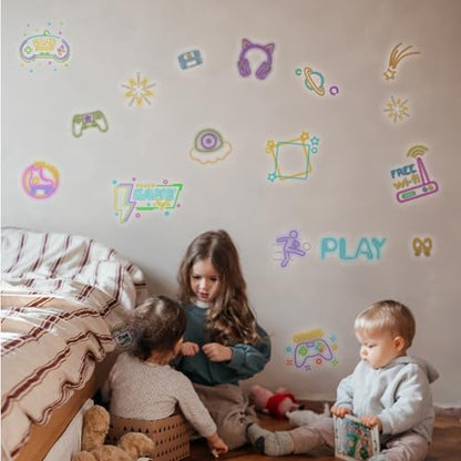 Neon Gaming Wall Stickers for Kids, Neon Gamer Wall Stickers for Children Room, Neon Video Game Character Removable Stickers for Baby Kids Nursery Girls Bedroom Living Room Playroom Wall Decoration - style: Neon Gaming