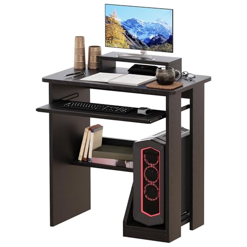 24 inch Desk for Small Spaces, Computer Desk with Monitor Stand, Keyboard Tray & Storage Shelf, Writing Gaming Table for Bedroom, Living Room, Study Room (Black) - color: Black
