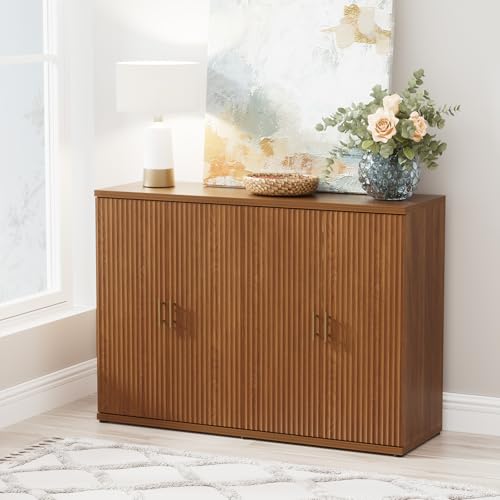 Walnut Accent Fluted Sideboard Buffet Cabinet with Storage and 4 Doors, Mordern Credenza Storage Cabinet with Adjustable Shelves, Media Console Table, for Living Room Dinning Entryway Kitchen - color: Walnut, size: 1 Piece