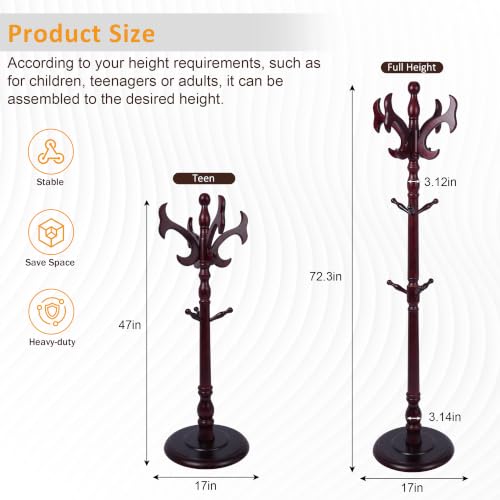 Heavy Duty Coat Rack Stand Free Standing Coat Tree for Small Space,vintage | Birch Wood Main Pole,Multifunctional,14 Hooks and 1 Round Base,for Hallway,Bedrooms,3 Height Adjustable(48.8-72.3") - color: Vintage Red 2