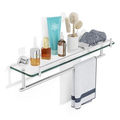 20-Inch Tempered Glass Bathroom Shelf with Towel Bar - Brushed Nickel & Stainless Steel, Wall Mount Rustproof Tower Holder with Shelves - color: Brushed Nickel, size: 20-inch with Railing