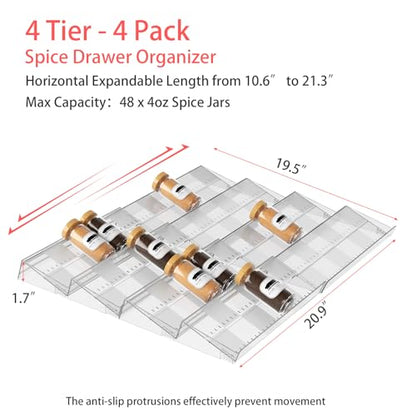 4-Tier Non-Slip Spice Drawer Organizer, 4-Pack Checkered Frosted Clear Acrylic, Expandable (11''-22'') Spice Rack for Kitchen Drawer Storage – Holds Seasonings, Herbs, and Spices (Jars Not Included) - size: Spice Organizer-4 Pack-Clear