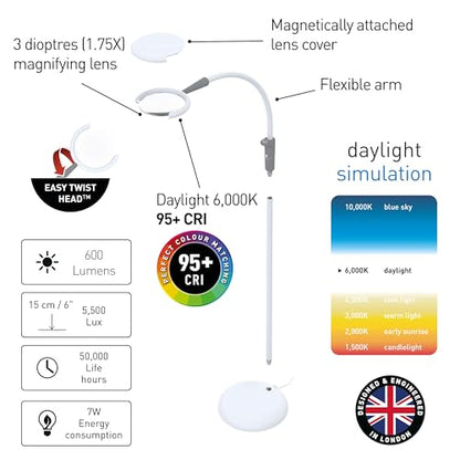 Daylight Company - Magnificent Pro - Magnifying lamp, Bright 6,000K Daylight LEDs, CRI 95+, 3 in 1 Lamp, 1.75X semi-Rimless Lens, Lumens: 600, White