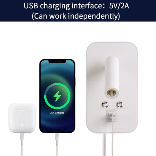 Wall-Mounted LED Bedside Reading Light with USB Charging Port, Stepless Touch Dimming, Plug-in or Hardwired Bed wall lamp for Bedroom, Night Light, Eye-Caring Bedroom Lighting, White - color: White (with plug)