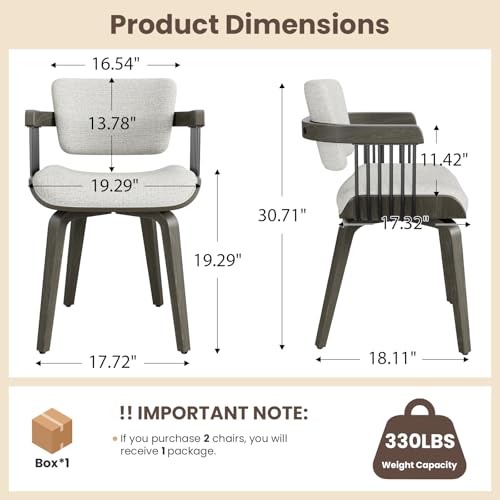 Dining Chairs with Armrest, Set of 2, Mid-Century Modern Kitchen Chair | with Wood Legs, Upholstered Fabric for Dining Room, Kitchen, Restaurant, Cafe, Beige - color: Beige