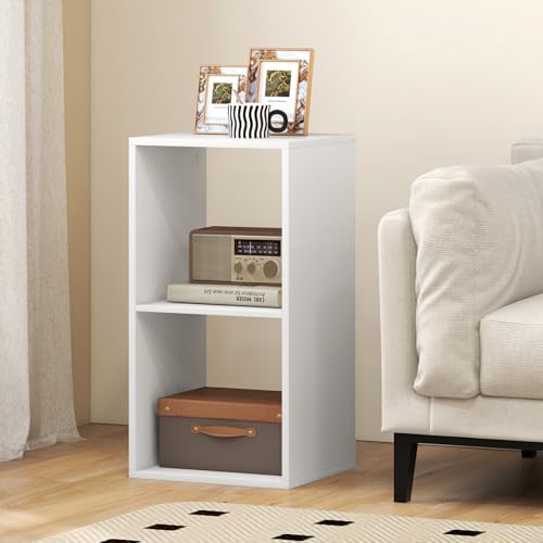 2 Cube Storage Organizer, 2 Tier Floor Standing Bookcase (White) | Small Bookshelf for Small Spaces, Wooden Open Display Shelf for Living Room, Bedroom, Study, Office - size: 2 Cubes