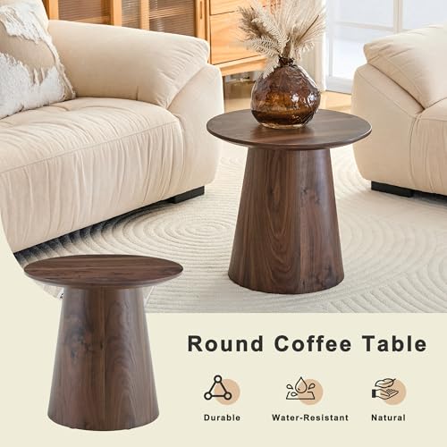 Walnut Coffee Table, 19.6" Small Coffee Table, Natural Walnut Grain Round Tabletop with Wooden Cone Base, Mid Century Tall End Table & Accent Couch Table Ideal for Living Room, Apartment, Small Space - color: 19.6" Walnut Coffee Table