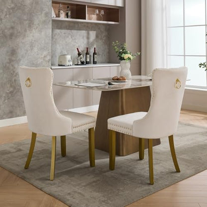 KEIKI Upholstered Velvet Dining Chair, Mid-Century Tufted Accent Seat | with Golden Solid Wood Legs for Dining Room Kitchen Room, Milk White - color: Milk White