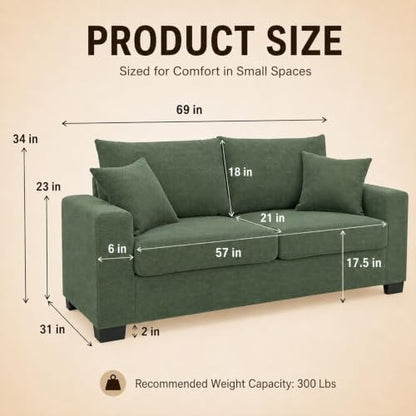69'' Loveseat Sofa,Modern Fabric 2-Seater Sofa with 2 Pillows(Dark Green) | Small Couches for Living Room, Office,Apartment, Small Spaces,21 in Deep Seat - color: Dark Green