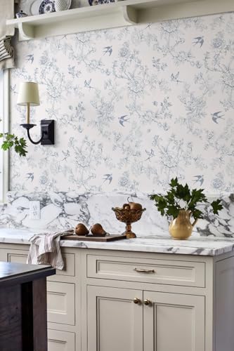 Simon&Siff Blue and White Vintage Floral Birds Peel and Stick Wallpaper | 120" x 17.3" Removable Self Adhesive Waterproof Contact Paper, Renter Friendly Wall Paper for Cabinets, Furniture, DIY Decor - color: Blue, size: 17.3" x 120"