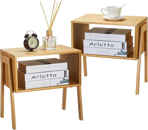Pipishell Nightstands Set of 2, Bamboo Stackable Bedside Table, Night Stands with Storage Shelf, Small Bed Side Tables, 2-Tier End Table for Bedroom, Dorm and Small Space Storage (Natural)