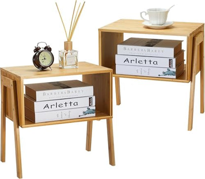 Pipishell Nightstands Set of 2, Bamboo Stackable Bedside Table, Night Stands with Storage Shelf, Small Bed Side Tables, 2-Tier End Table for Bedroom, Dorm and Small Space Storage (Natural)