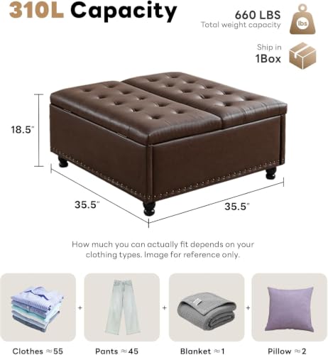 Tbfit 35.5" Large Square Storage Ottoman Bench, Tufted Upholstered Coffee Table Ottoman with Lift Top & Wooden Legs, Oversized Storage Ottomans Toy Box for Living Room (Dark Brown) - color: Dark Brown