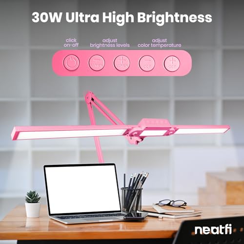 Neatfi Pro LED Desk Lamp | 3,000 Lumens | Dimmable 30W Desk Light | 360 SMD LEDs | CRI 95 | Adjustable Color Temperature | Home, Office, or Workbench (Pink, 41-Inch, CCT with Clamp) - color: Pink