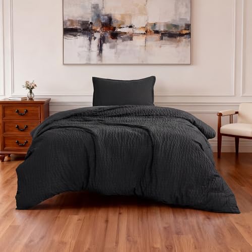 Amazon Basics Duvet Cover Set with Jacquard Geometric Pattern, 2-Piece with 1 Duvet Cover and 1 Pillow Sham, Comforter Not Included, Twin, Black - color: Black, size: Twin