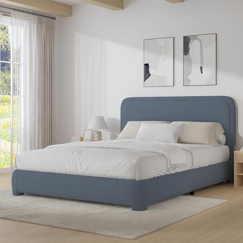 BarnFurin Full Bed Frame, Cloud Boucle Headboard, Rounded Corners, Blue | Soft boucle and rounded edges create a low-profile cloud look. Wooden slats support the mattress without a box spring - color: Blue, size: Full