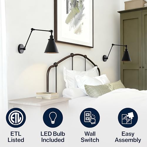 JONATHAN Y Rover 1-Light Wall Sconce 7", Black, Set of 2 | Adjustable Arm, Hardwired Bedside Reading Swing Arm, Farmhouse Cone Shade, Metal Hardwired Indoor Fixture, LED Bulbs Included - color: Black, size: Set of 2