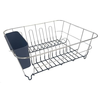 Dish Drying Rack & Cutlery Holder 2 Piece Set - Compact Sink-Fitting Dish Drainer with Rubberized Undercoating, Space-Saving Kitchen Organizer for Plates, Cups, Bowls & Utensils in Sink, Navy Blue - color: Navy Blue