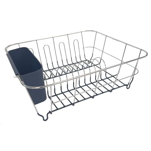Dish Drying Rack & Cutlery Holder 2 Piece Set - Compact Sink-Fitting Dish Drainer with Rubberized Undercoating, Space-Saving Kitchen Organizer for Plates, Cups, Bowls & Utensils in Sink, Navy Blue - color: Navy Blue