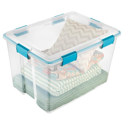 Sterilite Gasket Storage Box with Lids for Home & Office, 80 Quart, 8-Pack | Heavy-Duty, Stackable, and Organizing Containers for Bathroom, Cabinet, Closet, and Garage, Clear and Blue Aquarium Latches - size: 80 Quart, style: 8 Pack