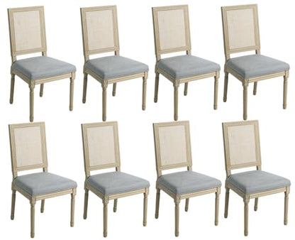 Kmax Farmhouse Dining Room Chairs, Fabric French Distressed Bedroom Chairs with Rectangle Rattan Back, Elegant Tufted Kitchen Chairs, Set of 8, Grey - color: Brown Wash/Rattan Grey, size: 8 Chairs