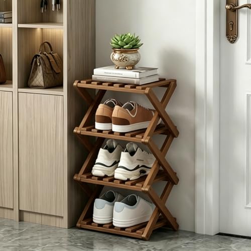 Narrow Shoe Rack, Foldable Bamboo Shoes Shelf for Small Spaces, Multifunctional Vertical Shoe Organizer Tall for Entryway, Closet, Corner, Bedroom, Hallway (Brown, 4 Layers) - color: Brown, size: 4 Layers