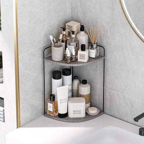 Bathroom Counter Organizer, Vanity & Makeup Countertop Organizer | Corner Bathroom Counter Organizer, Bathroom Sink Organizer, Bathroom Counter Shelf, Countertop Organizer, Corner Desk Shelf - color: Black-grey 2 Tier