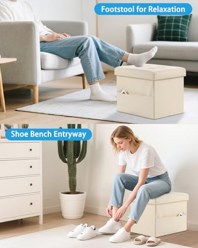 Ottoman with Storage,17 Inch Leather Folding Foot Rest Stool,Beige | Small Ottoman with Side Pockets, Thicker Foam Padded Seat, 17 * 13 * 13 Inch, Livingroom, Dorm, Bedroom, Entryway - color: Beige